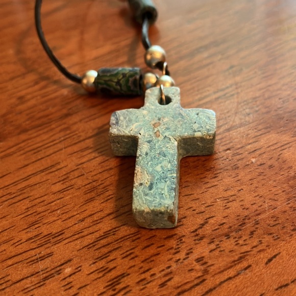 Beautiful boho style necklace with chunky blue stone cross on a leather cord. - Picture 16 of 16